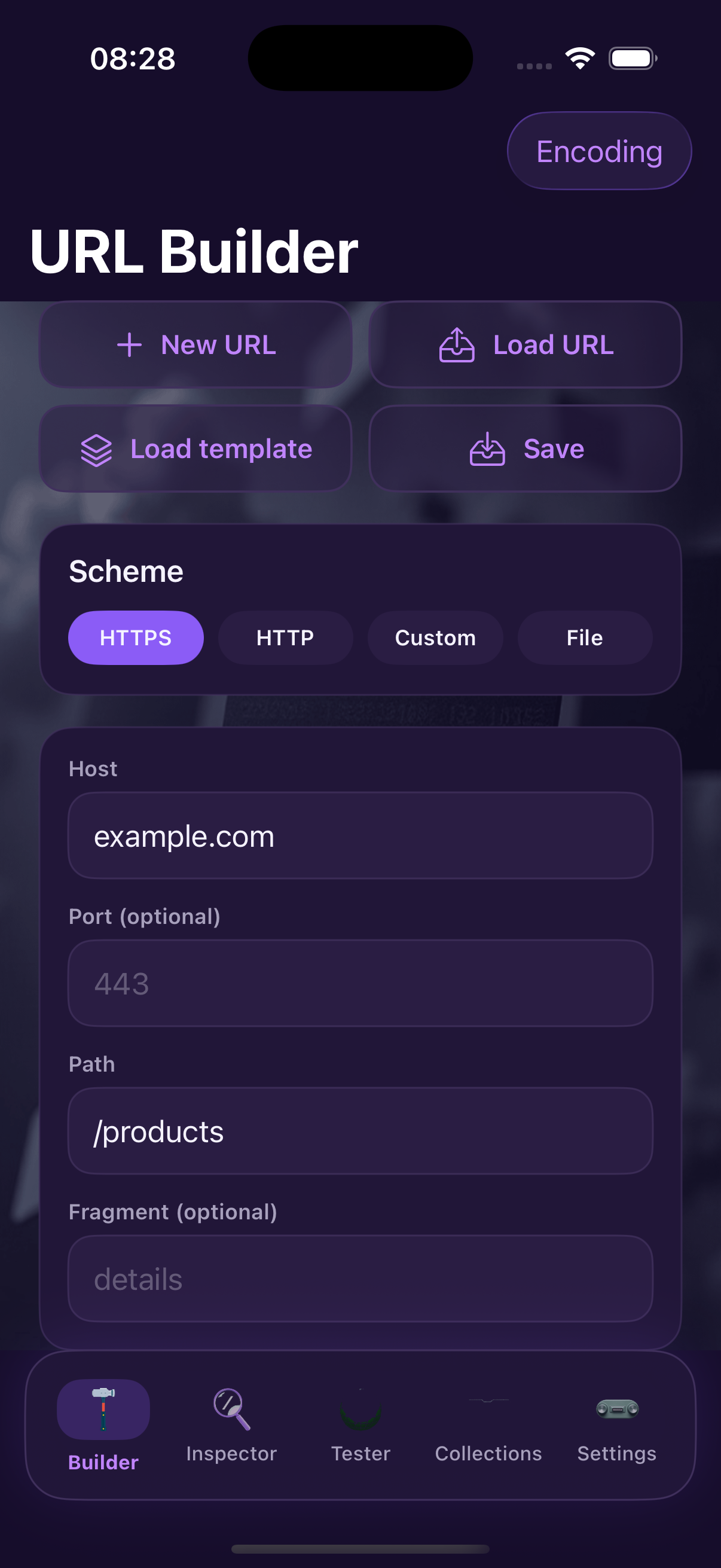 URL builder home with scheme fields and live preview