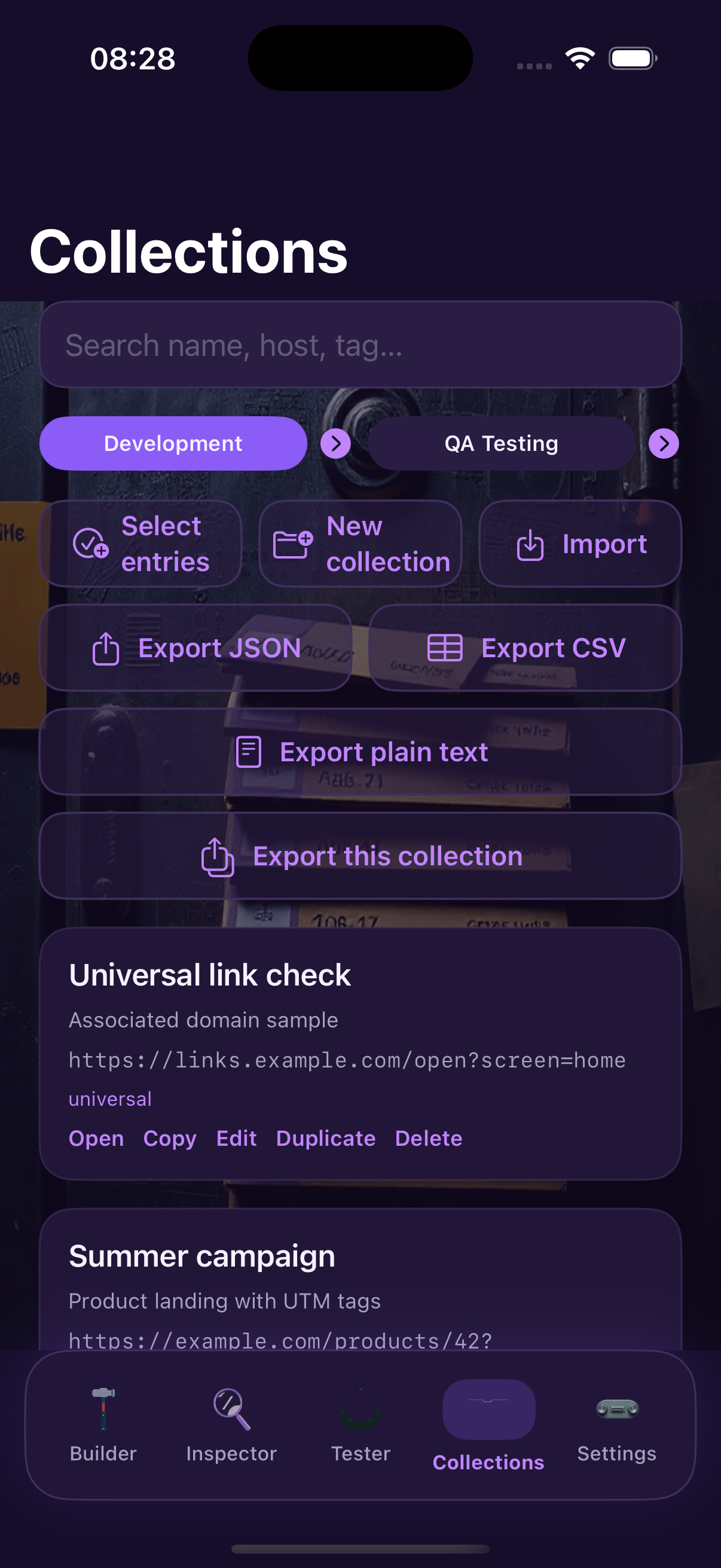 Collections list of saved link groups