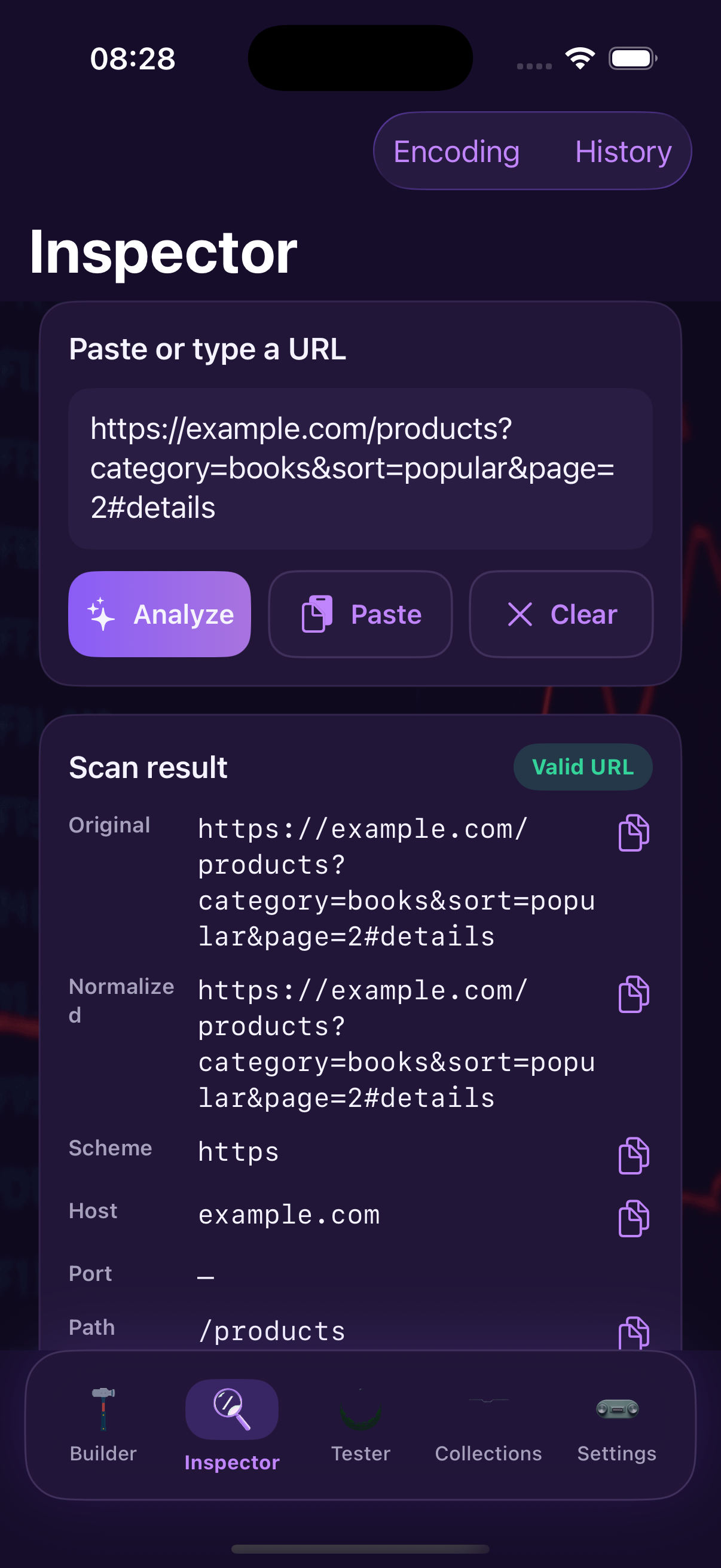 Inspector splitting a pasted URL into components